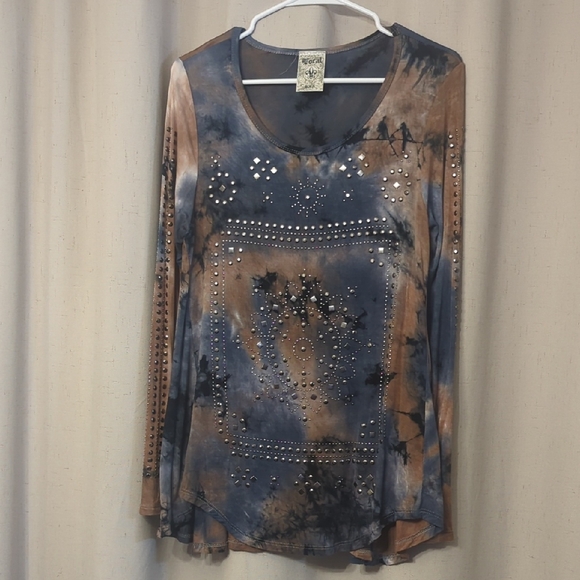 Vocal Tops - Vocal Blue and Brown Tie-Dye Studded Long Sleeve Top